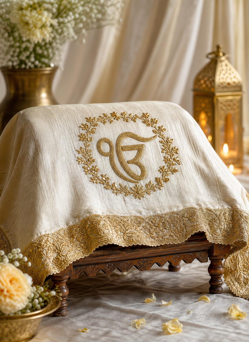 Ivory sacred essentials for Guru Ghar with gold Ik Onkar embroidery draped over a wooden manji