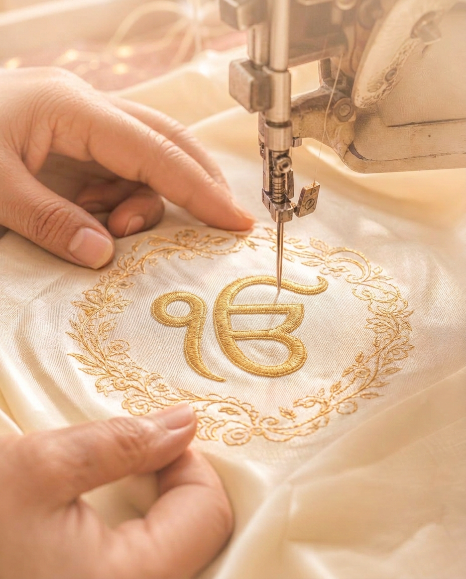 Hands guiding an embroidery machine as it stitches a gold Ik Onkar onto ivory silk cloth for sacred essentials for Guru Ghar