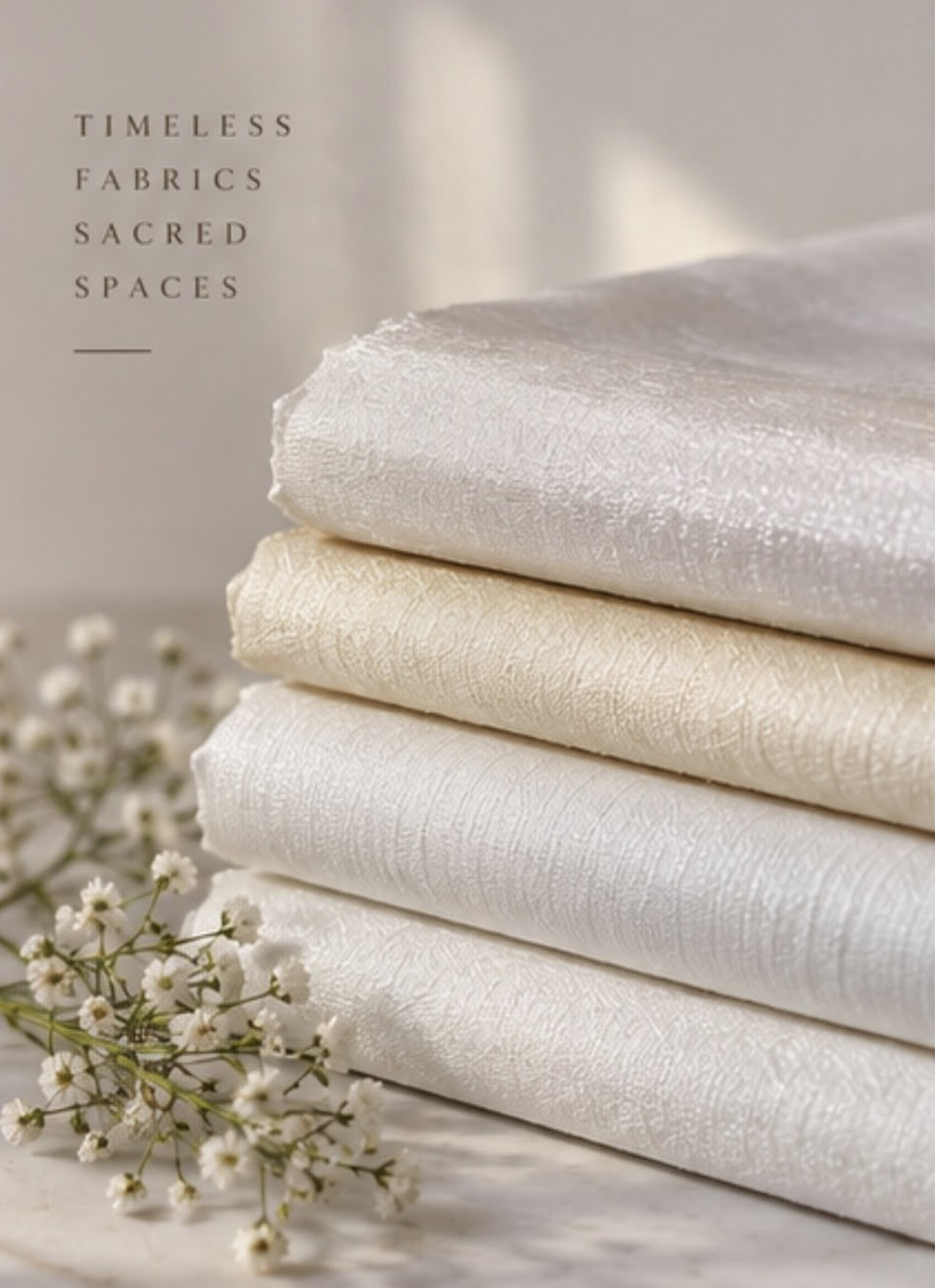 Stacked ivory and cream fabrics with delicate baby's breath flowers and Timeless Fabrics Sacred Spaces lettering